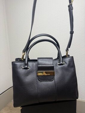 MICHAEL KORS Black Leather Satchel with Gold Hardware